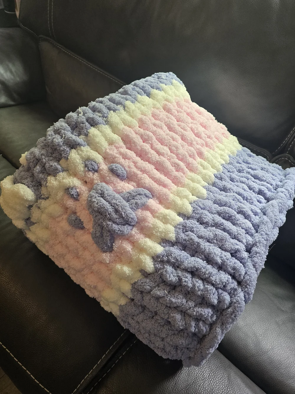 Hand Made Plush Striped Kids Blanket - Pink & Grey/ Blue